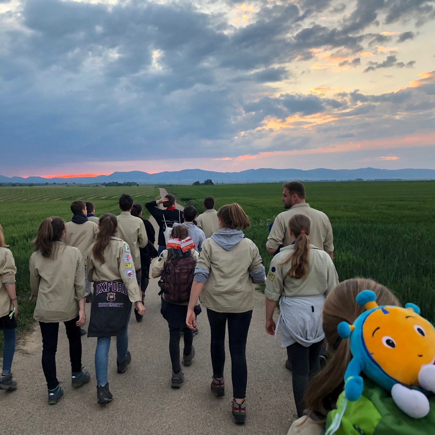 Pfandfinder, die gemeinsam einen Landweg entlang laufen.