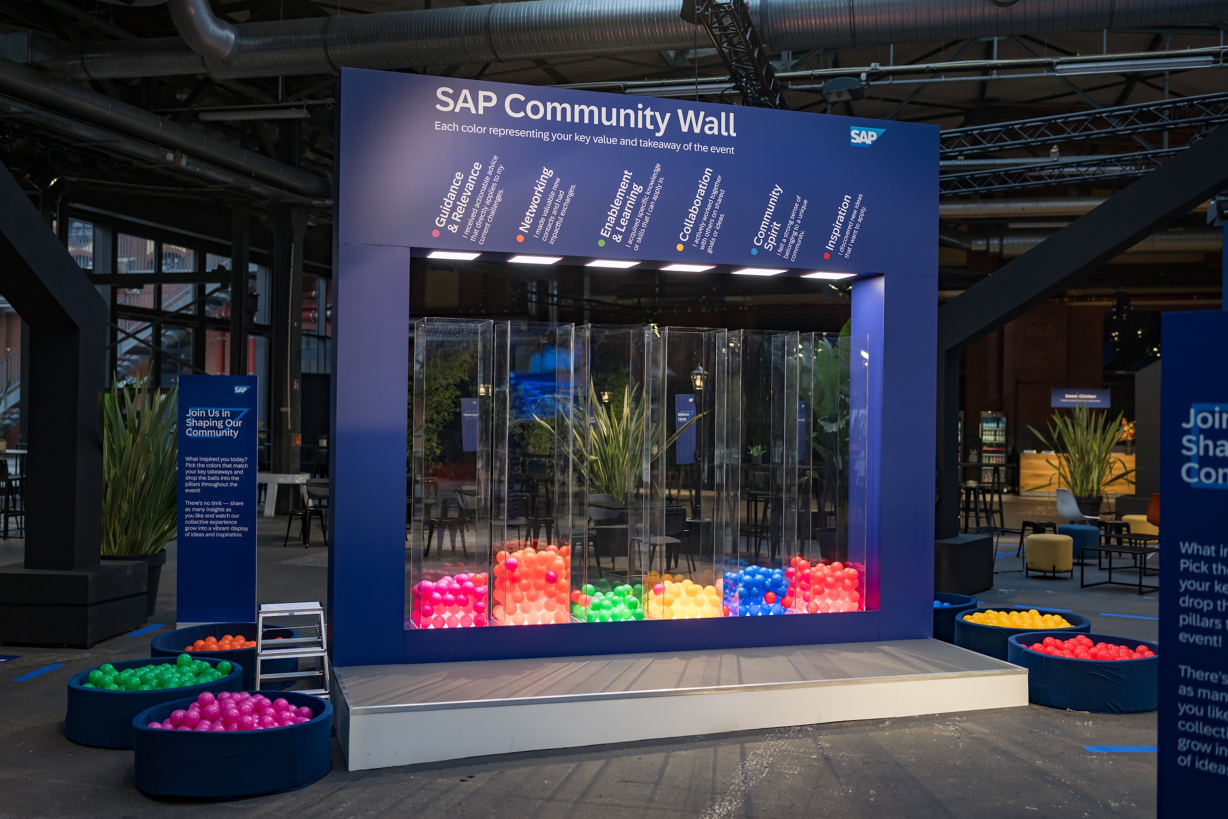 Interaktive Installation: Die SAP Community Wall lädt Teilnehmende ein, farbige Bälle entsprechend ihrer Werte einzusortieren. Jede Farbe steht für einen Aspekt wie Networking, Inspiration oder Collaboration.