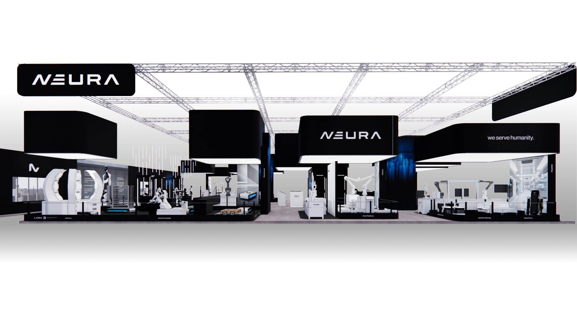 Digital rendering of a trade show booth featuring the “NEURA” logo, multiple exhibition areas, and integrated robotics presentations.