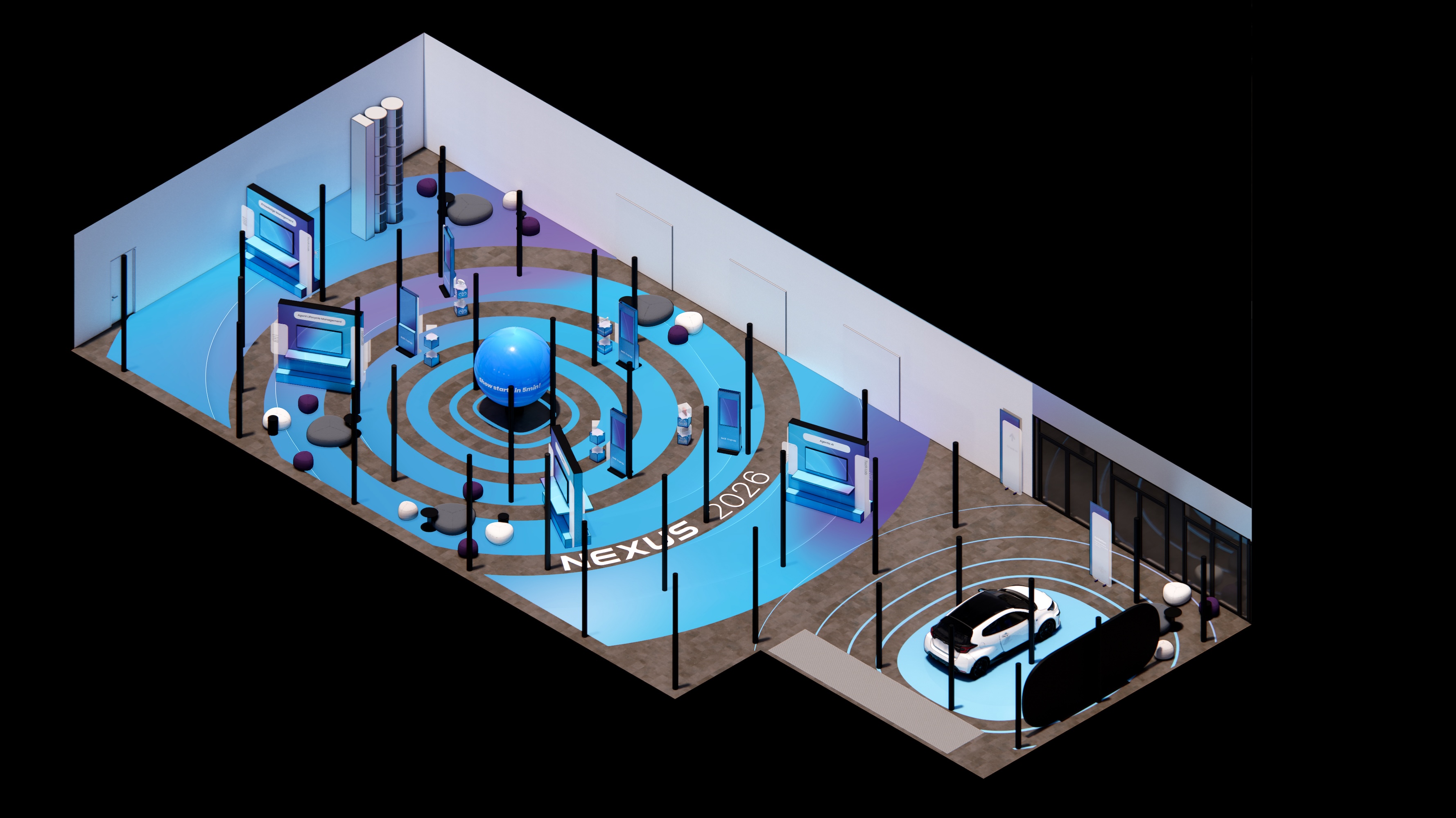 Isometric visualization of an exhibition and experience space with digital displays, a circular floor layout, and a vehicle positioned near the entrance.